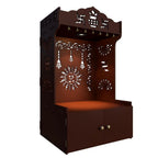 Brown Wooden Floor Pooja Mandir with Kalash & Om Design Laser-Cut Bell Motifs & Storage Cabinet