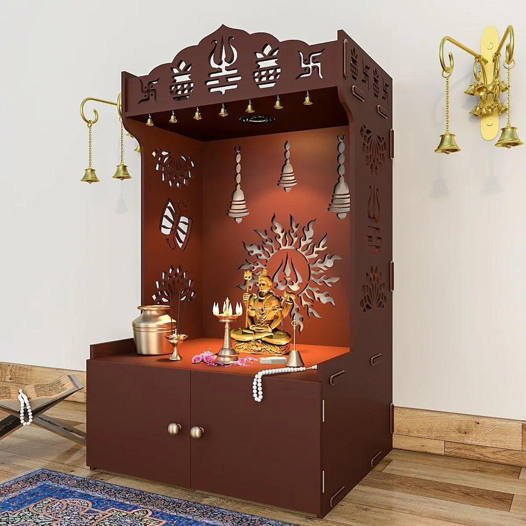 Brown Wooden Floor Pooja Mandir with Trishul & Kalash Design Laser-Cut Bell & Sun Motif Back Panel & Storage Cabinet