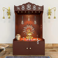 Brown Wooden Floor Pooja Mandir with Trishul & Kalash Design Laser-Cut Bell & Sun Motif Back Panel & Storage Cabinet