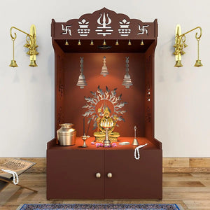 Brown Wooden Floor Pooja Mandir with Trishul & Kalash Design Laser-Cut Bell & Sun Motif Back Panel & Storage Cabinet