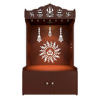 Brown Wooden Floor Pooja Mandir with Trishul & Kalash Design Laser-Cut Bell & Sun Motif Back Panel & Storage Cabinet