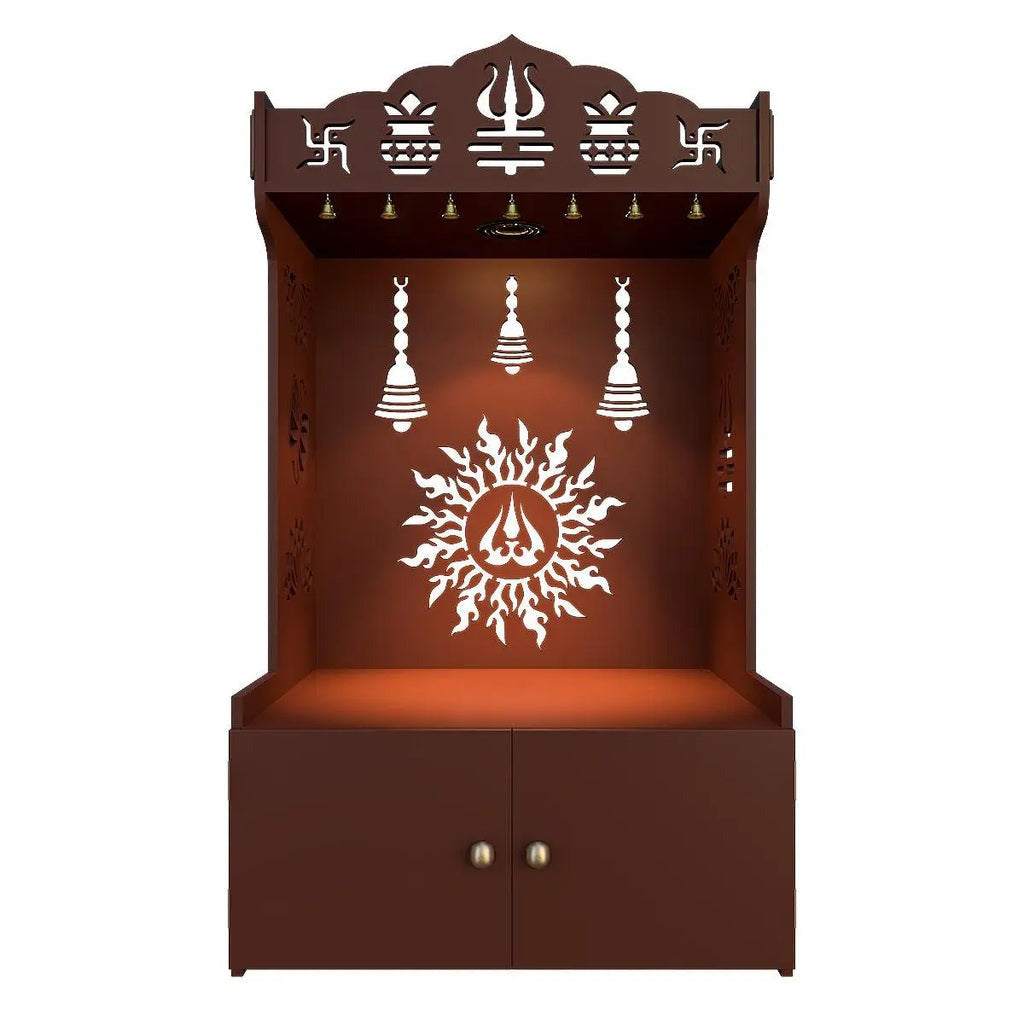 Brown Wooden Floor Pooja Mandir with Trishul & Kalash Design Laser-Cut Bell & Sun Motif Back Panel & Storage Cabinet