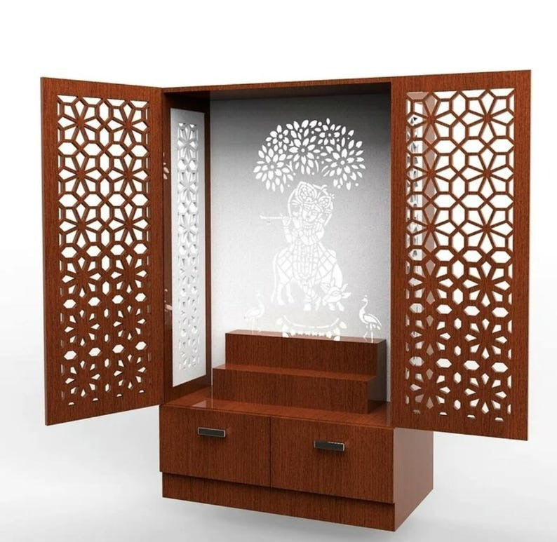 Brown Wooden Mandir for Home with Backlit Krishna and Peacocks