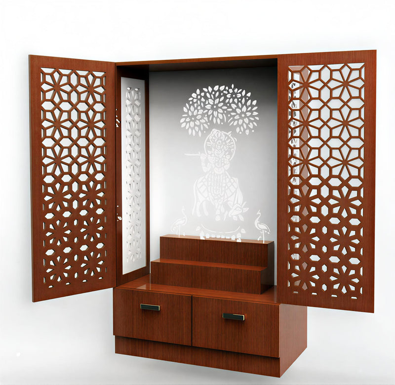Brown Wooden Mandir for Home with Backlit Krishna and Peacocks