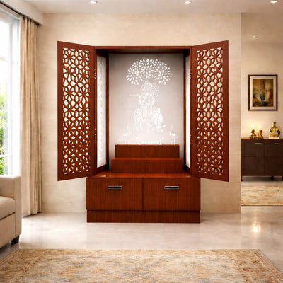 Brown Wooden Mandir for Home with Backlit Krishna and Peacocks