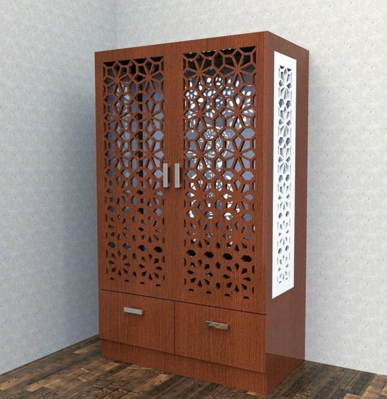 Brown Wooden Mandir for Home with Backlit Krishna and Peacocks