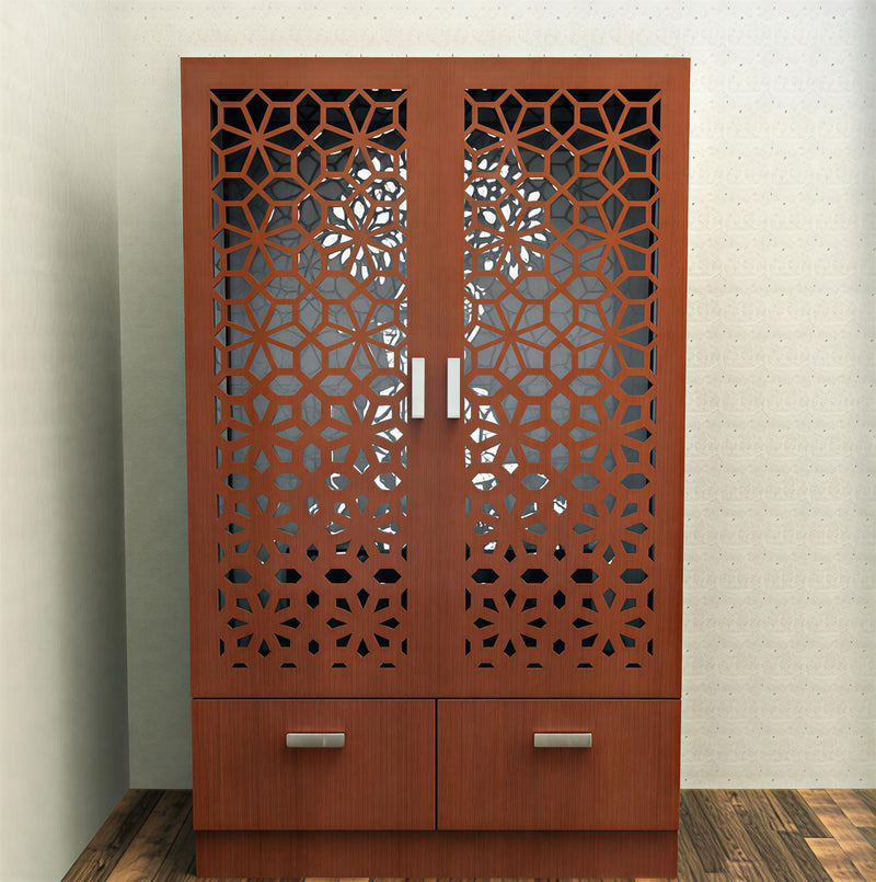 Brown Wooden Mandir for Home with Backlit Krishna and Peacocks