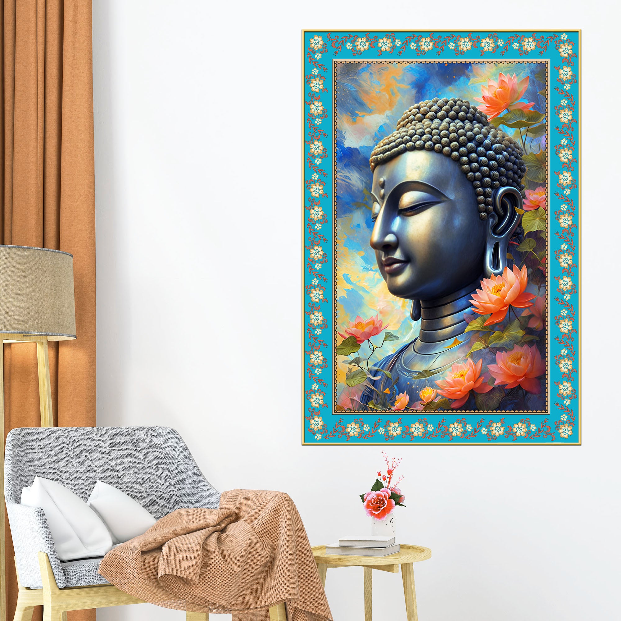 Buddha Rainbow Flowers Border Vertical Canvas Wall Painting