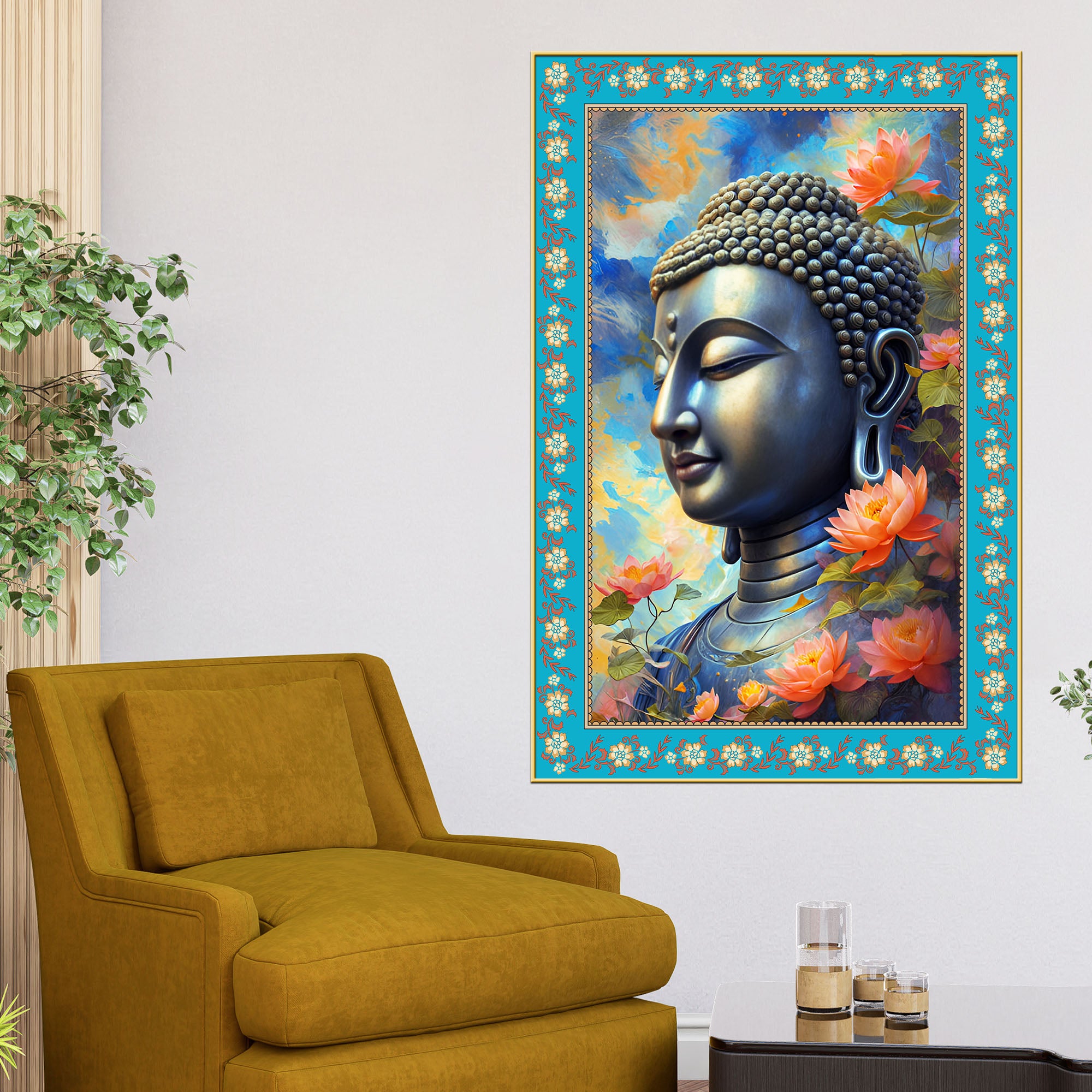 Buddha Rainbow Flowers Border Vertical Canvas Wall Painting
