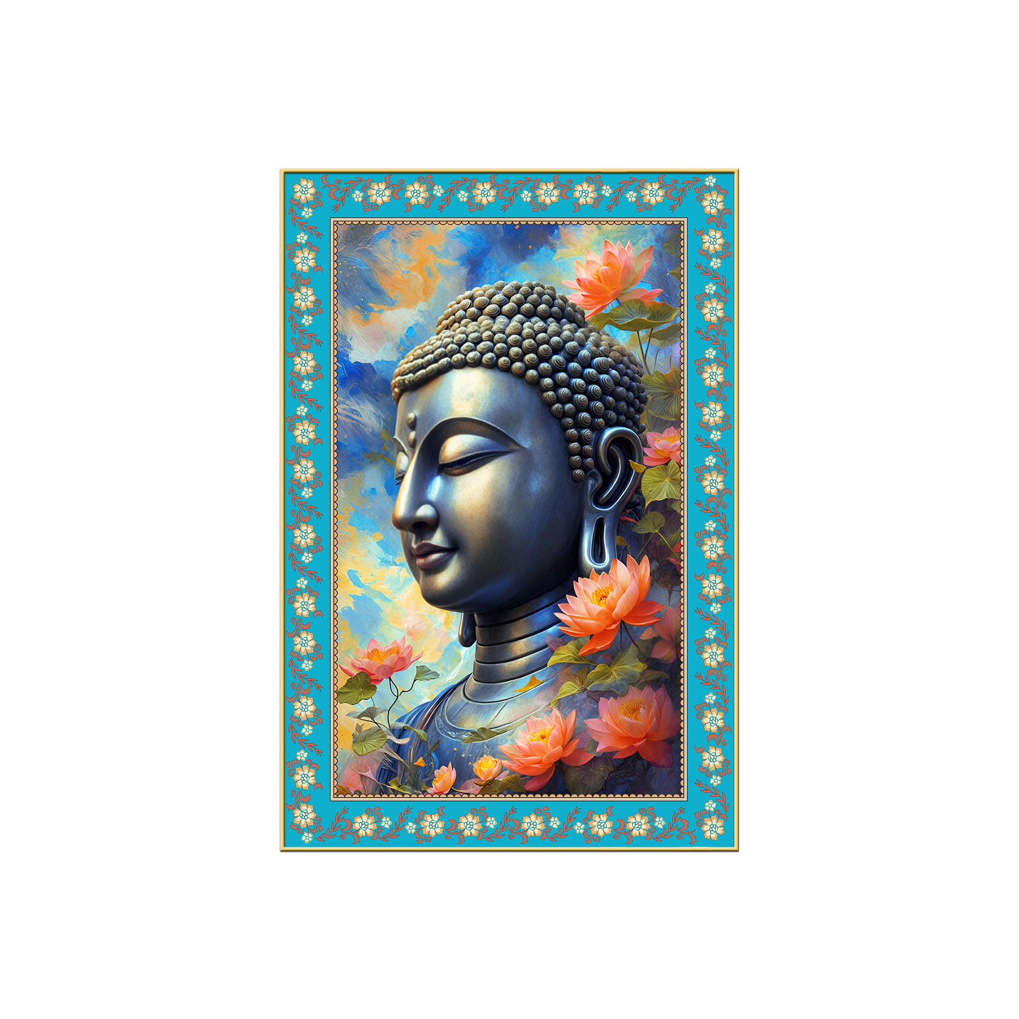 Buddha Rainbow Flowers Border Vertical Canvas Wall Painting