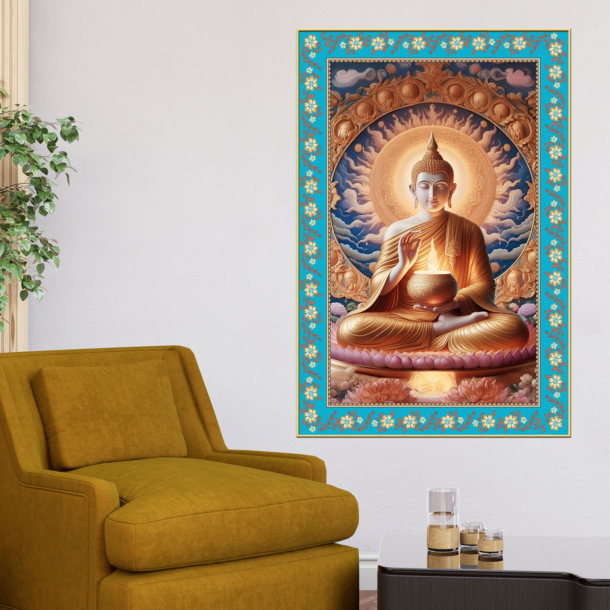 Buddha Sacred Calm Floral Border Vertical Canvas Wall Painting