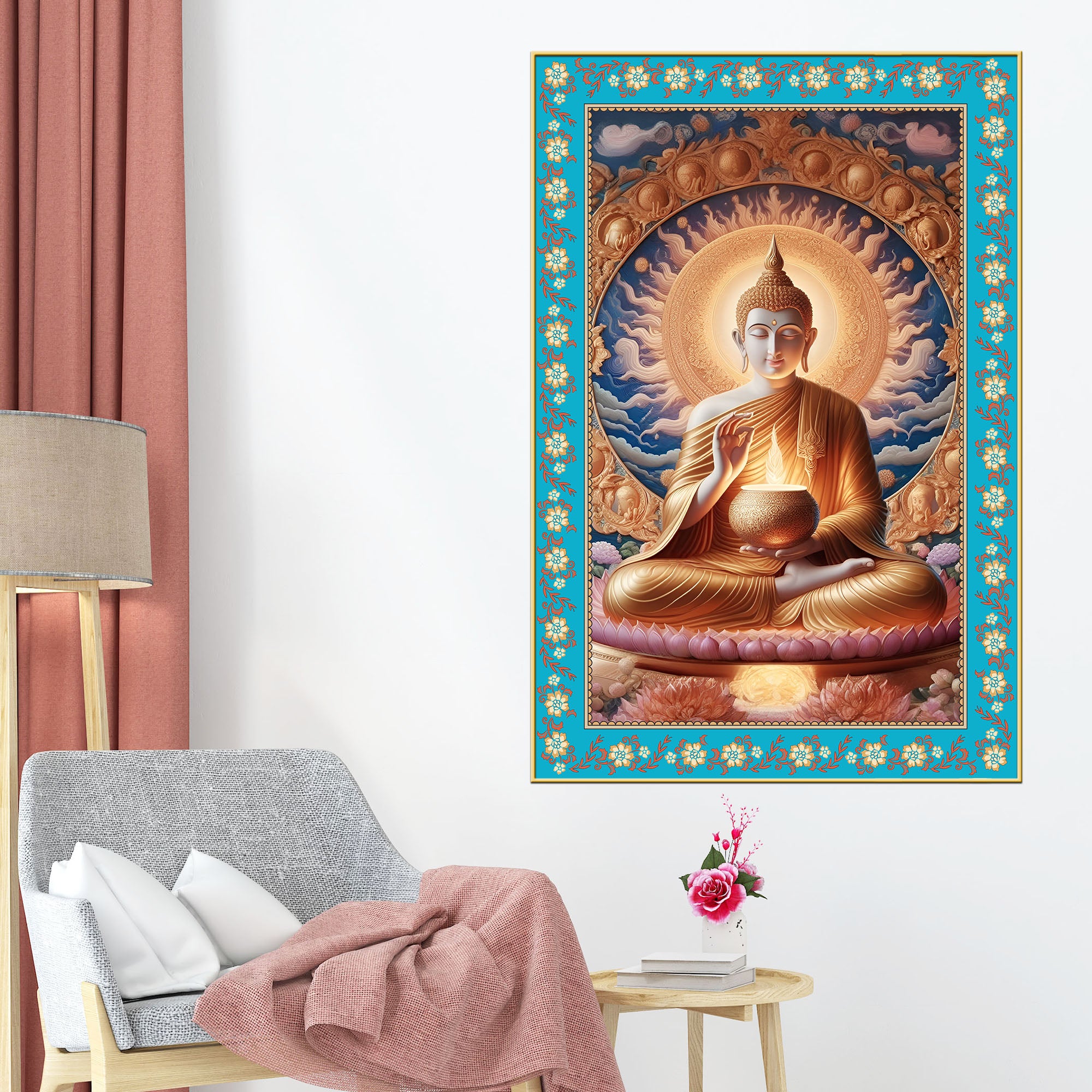 Buddha Sacred Calm Floral Border Vertical Canvas Wall Painting