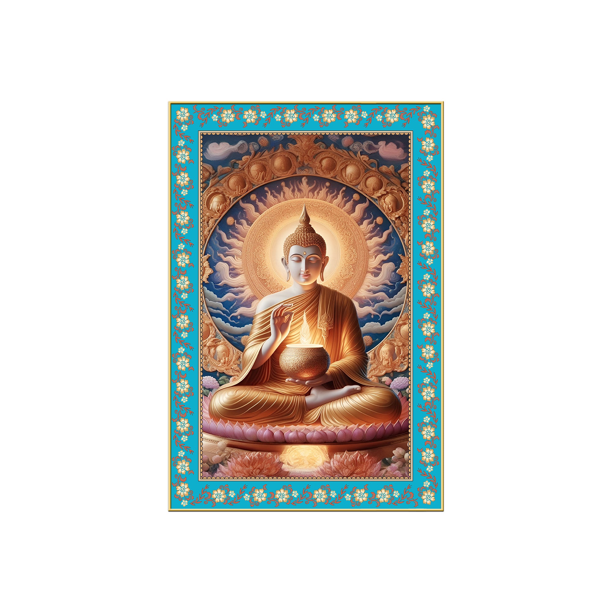 Buddha Sacred Calm Floral Border Vertical Canvas Wall Painting
