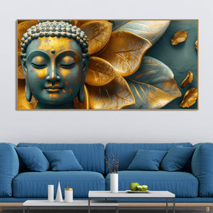 Buddha Statue with Golden Flower Leaf Art Canvas Wall Painting