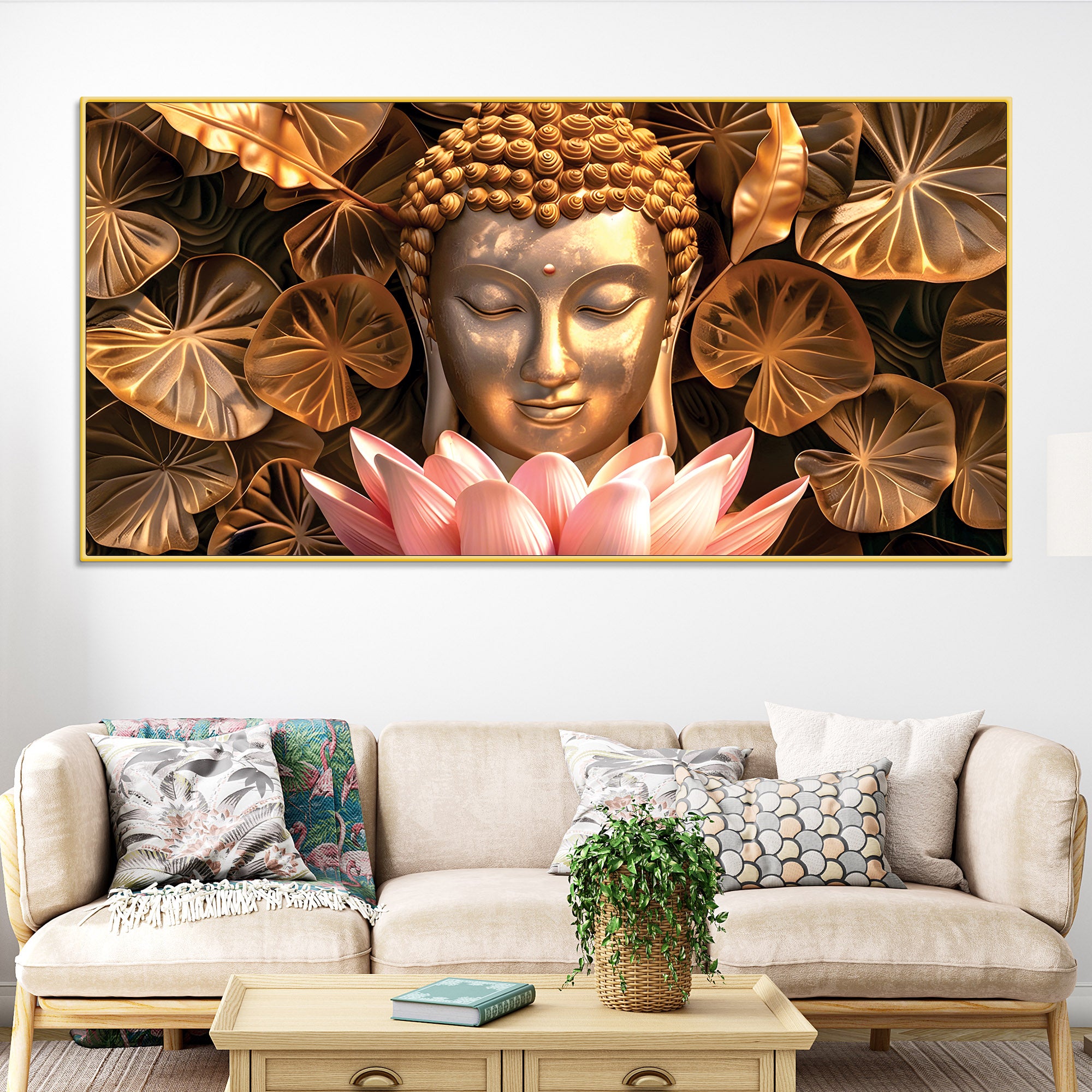 Buddha Wall Painting with Lotus & Floral Art-Decorative Canvas