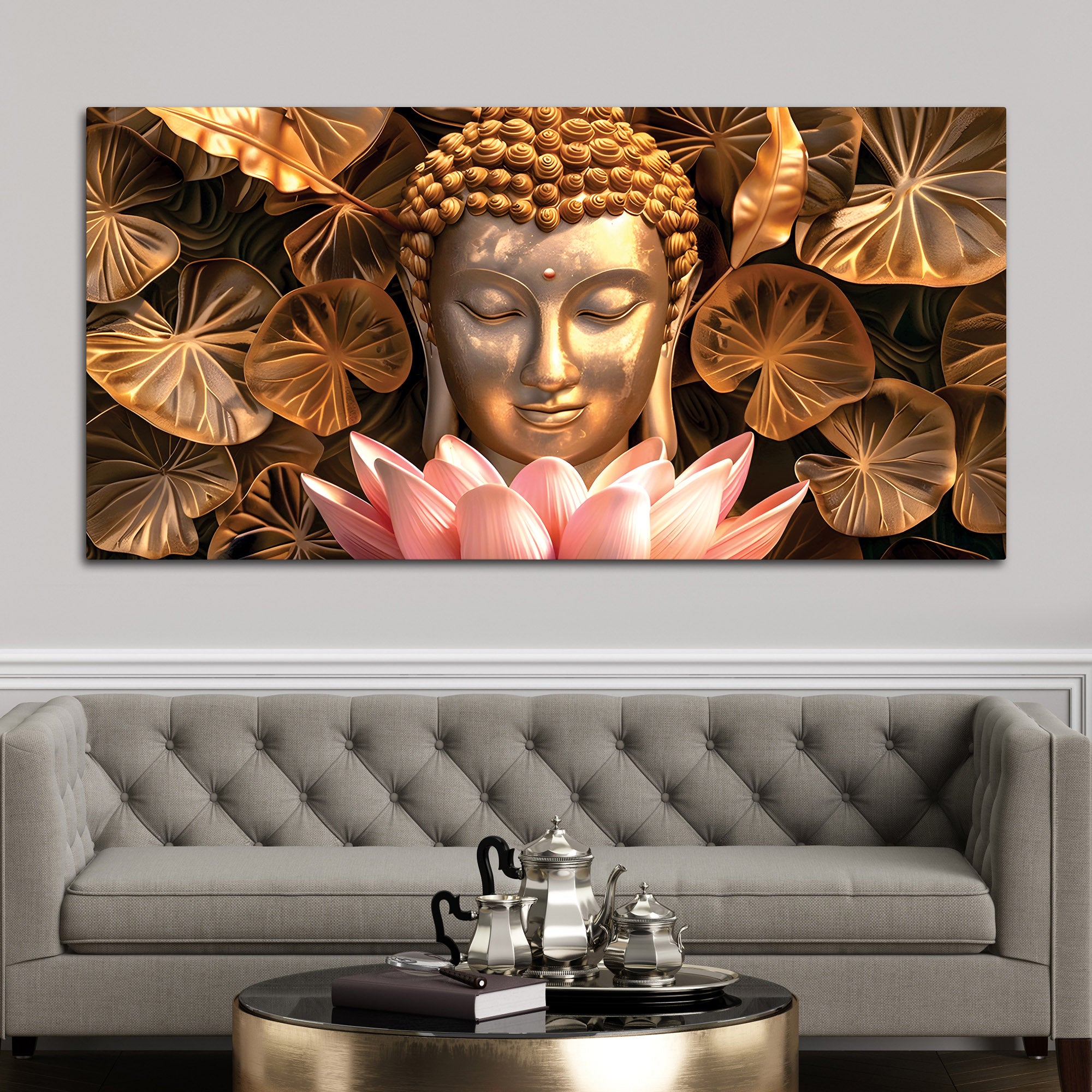 Buddha Wall Painting with Lotus & Floral Art-Decorative Canvas