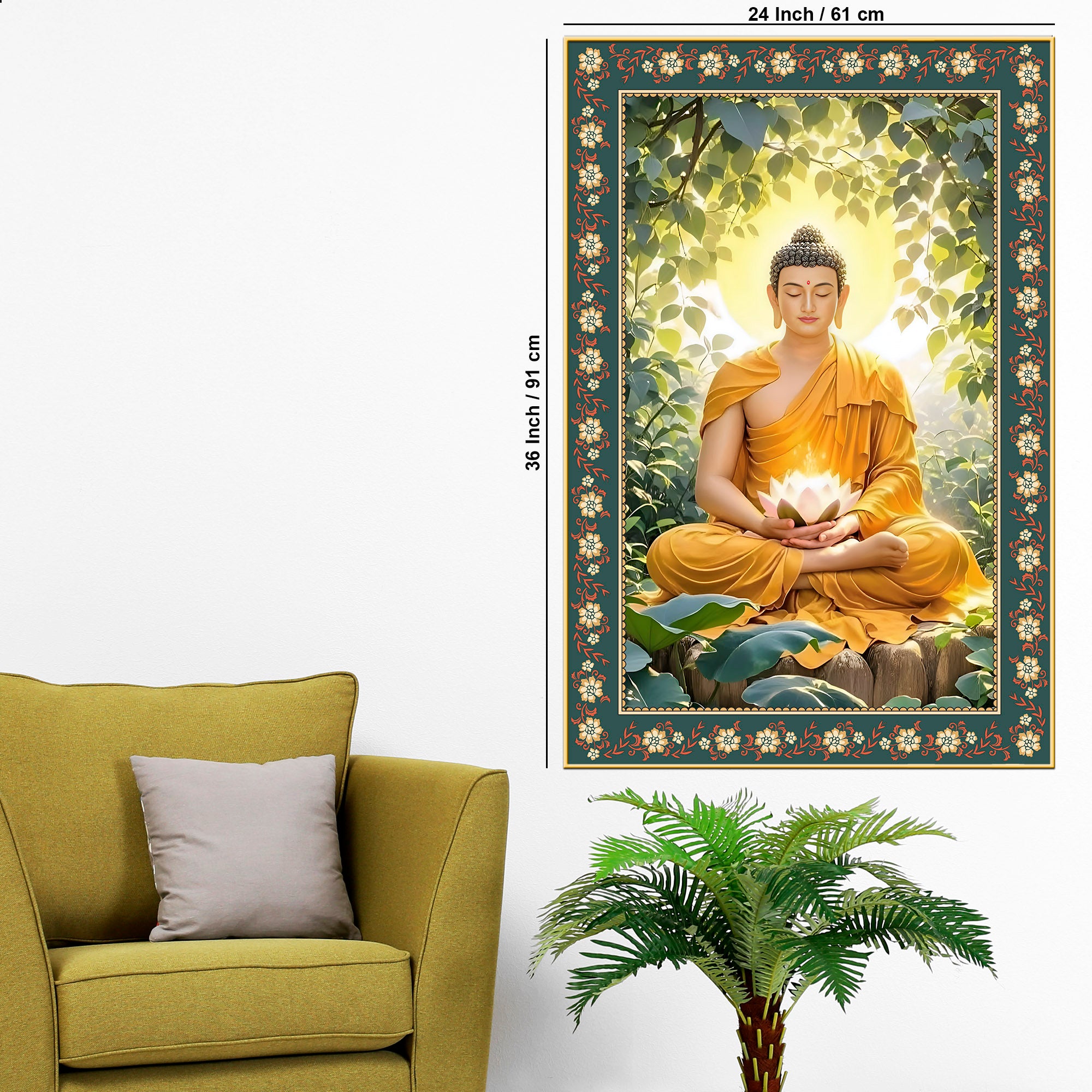 Buddha with Lotus Calm Peace Floral Border Vertical Wall Painting