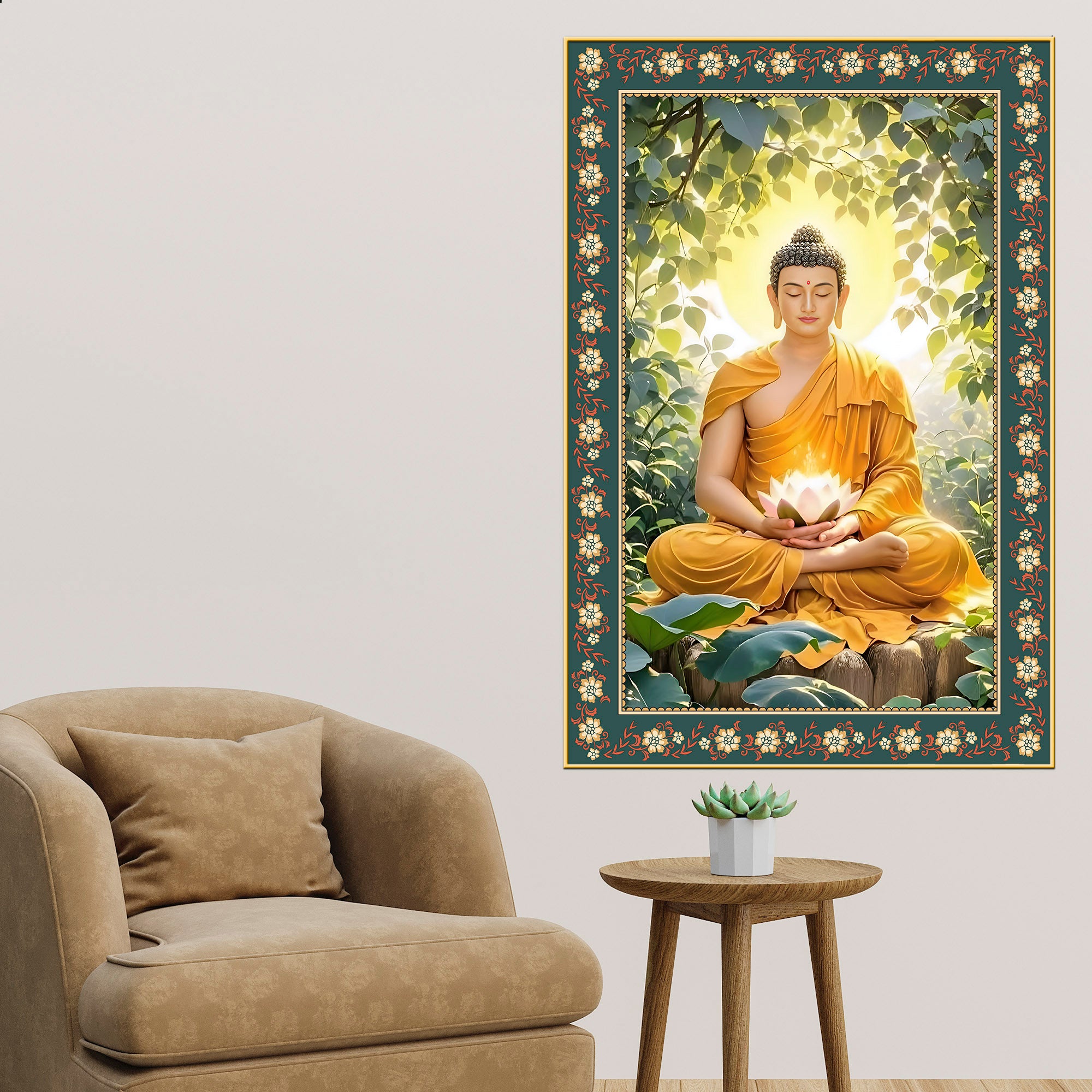 Buddha with Lotus Calm Peace Floral Border Vertical Wall Painting