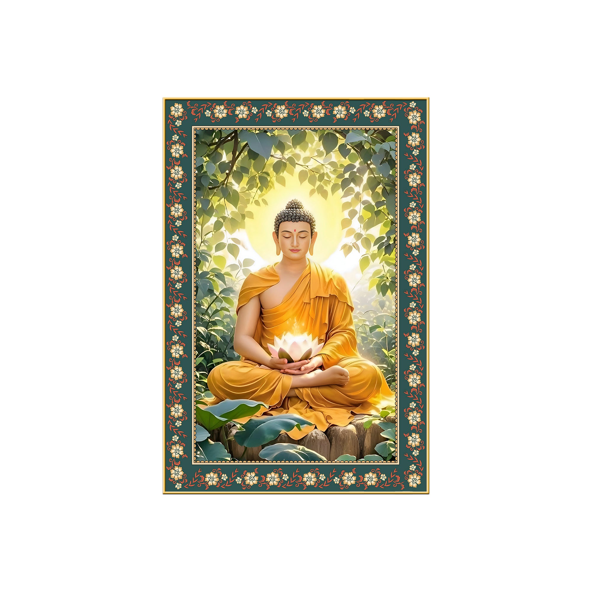 Buddha with Lotus Calm Peace Floral Border Vertical Wall Painting