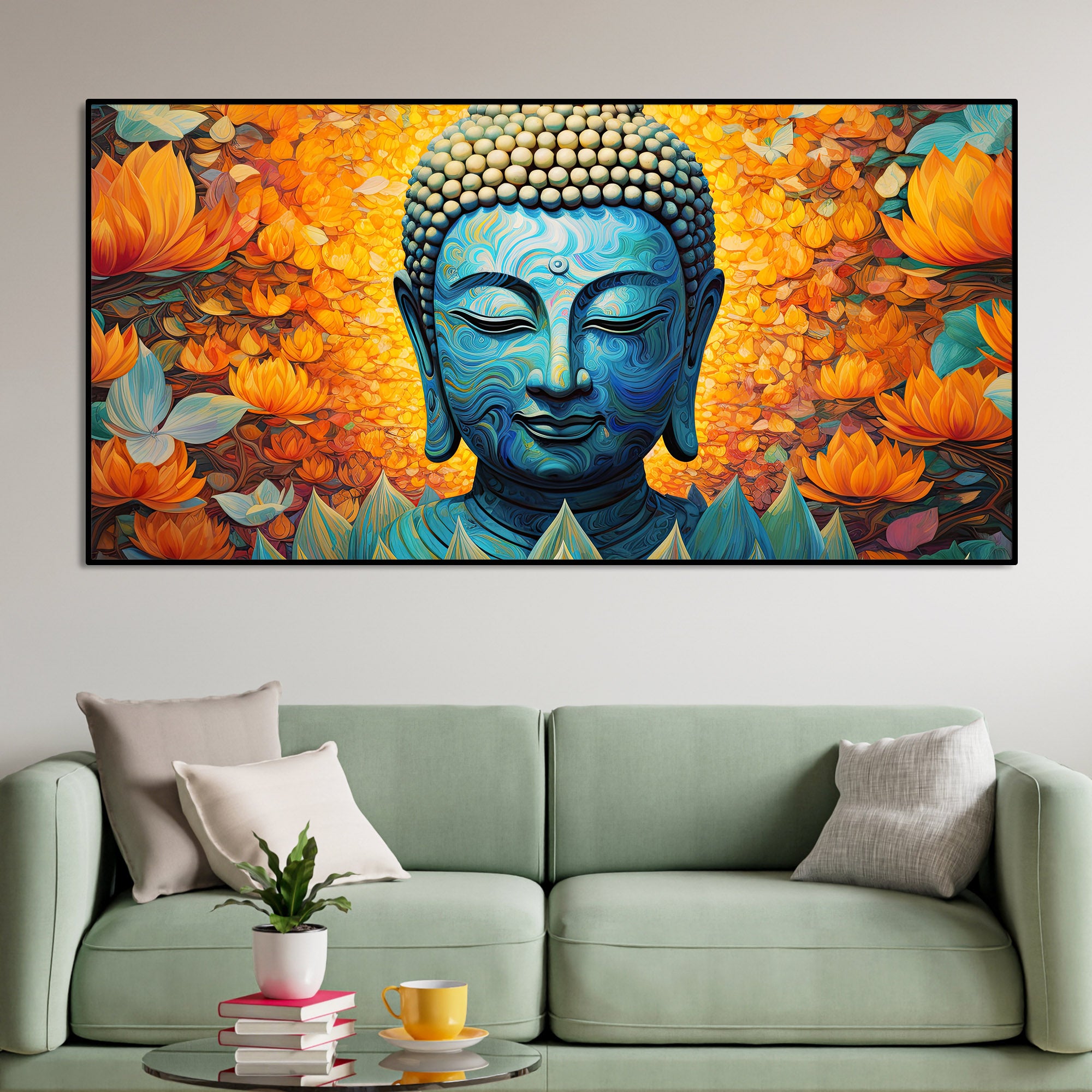 Buddhist Statue with Lotus Flowers Background Canvas Wall Painting