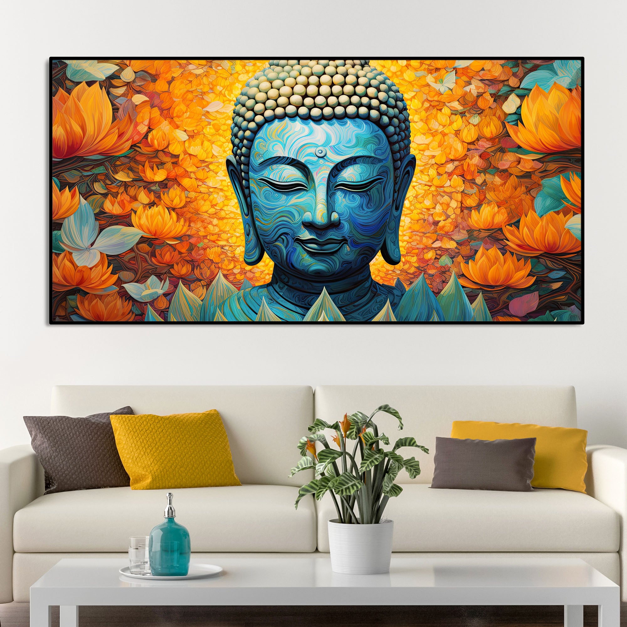 Buddhist Statue with Lotus Flowers Background Canvas Wall Painting