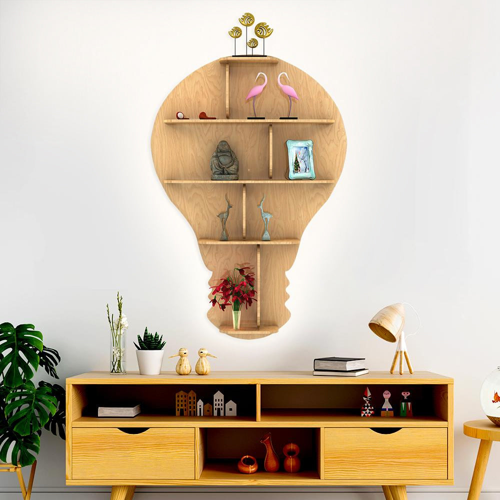 Bulb Shape Backlit Designer Wooden Wall Shelf / Book Shelf / Night Light, Light Oak Finish