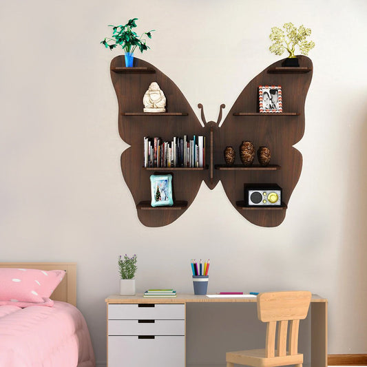 Butterfly Shape Backlit Designer Wooden Wall Shelf / Book Shelf / Night Light, Walnut Finish