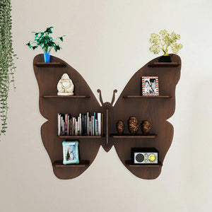 Butterfly Shape Backlit Designer Wooden Wall Shelf / Book Shelf / Night Light, Walnut Finish