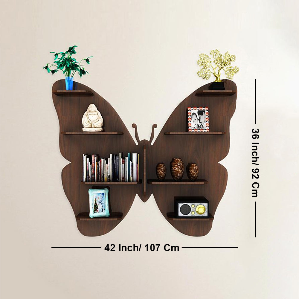 Butterfly Shape Backlit Designer Wooden Wall Shelf / Book Shelf / Night Light, Walnut Finish