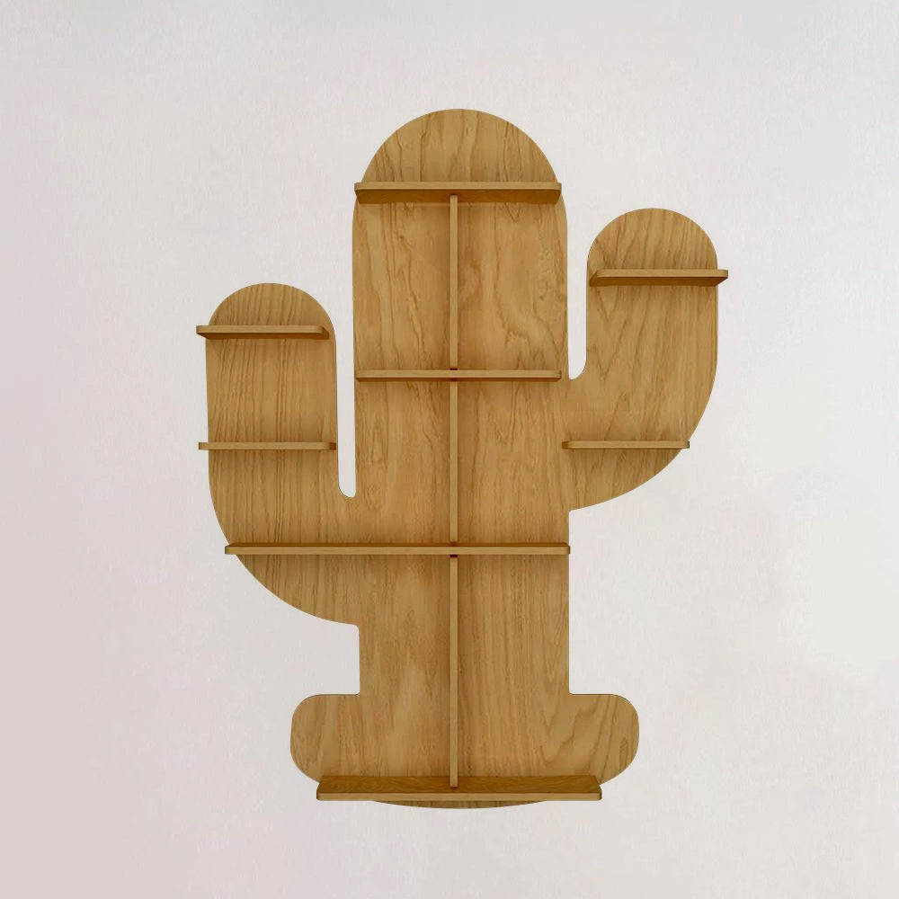 Cactus Shape Designer Wooden Wall Shelf / Book Shelf, Light Oak Finish