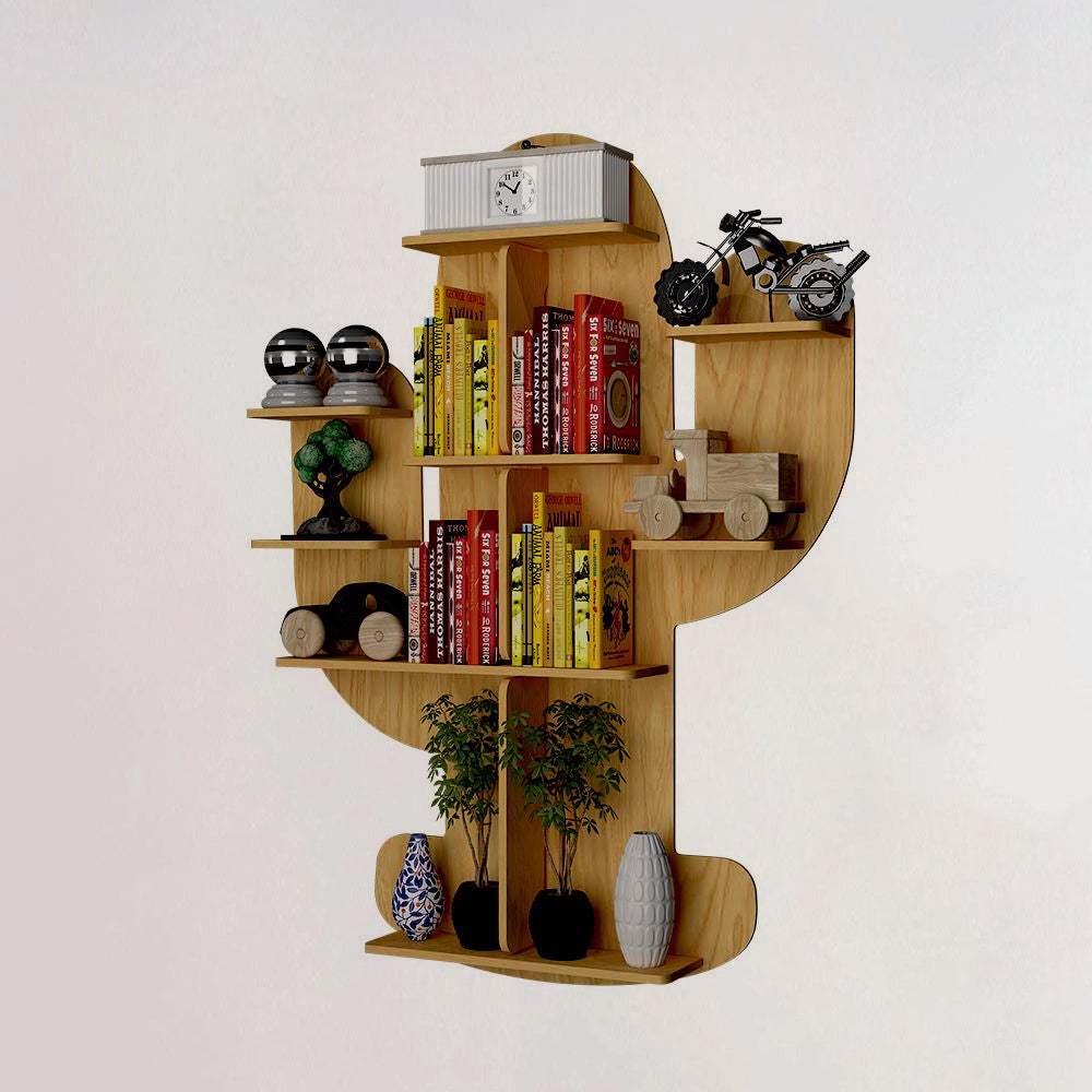 Cactus Shape Designer Wooden Wall Shelf / Book Shelf, Light Oak Finish