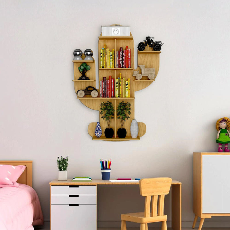Cactus Shape Designer Wooden Wall Shelf / Book Shelf, Light Oak Finish