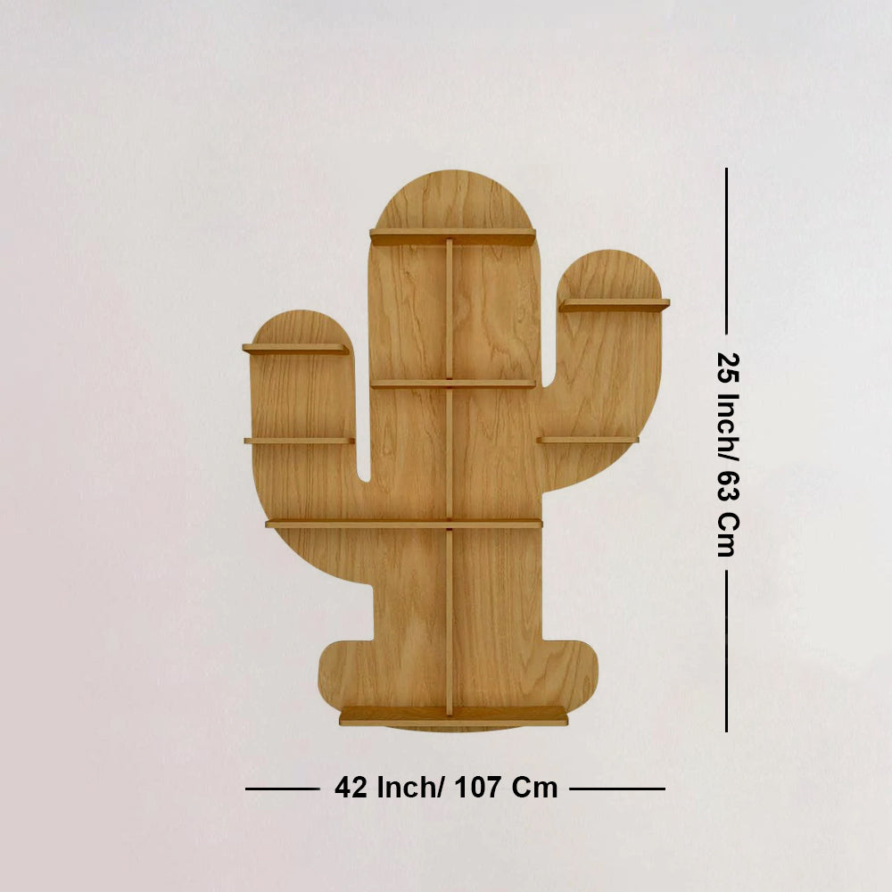 Cactus Shape Designer Wooden Wall Shelf / Book Shelf, Light Oak Finish