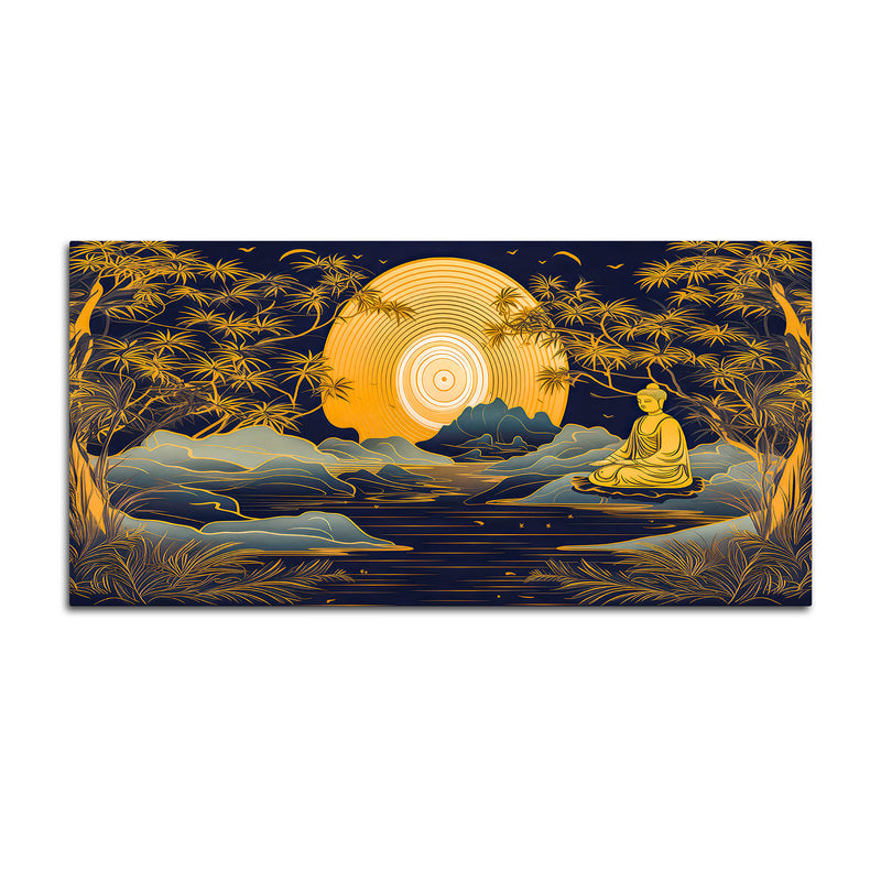 Calming Buddha Canvas Painting with Moonlight & Nature