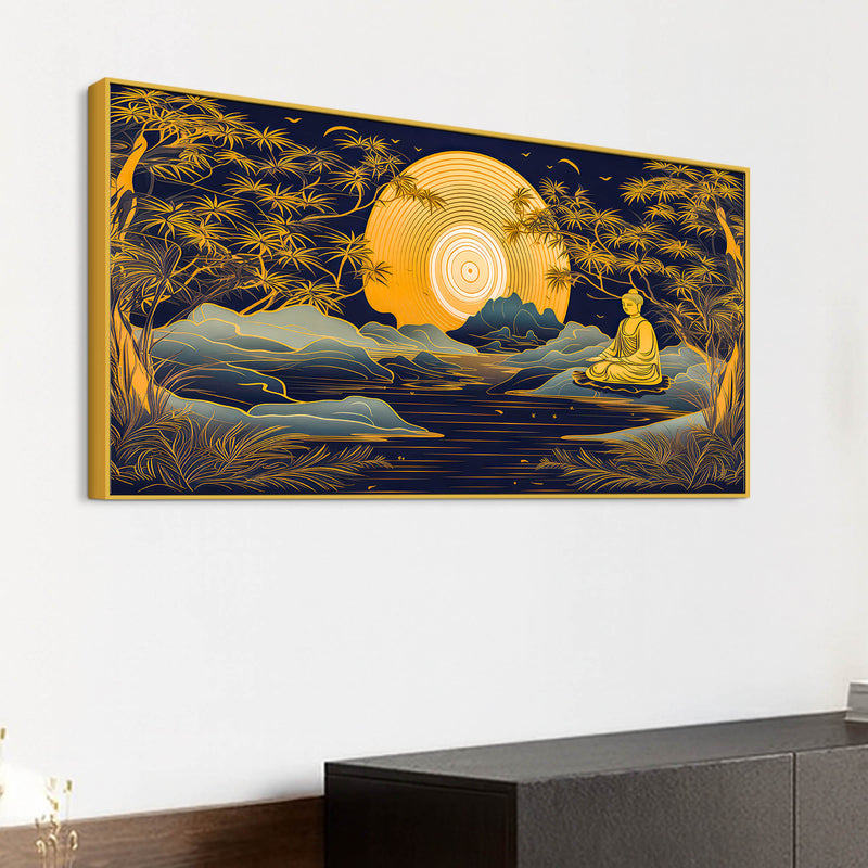 Calming Buddha Canvas Painting with Moonlight & Nature