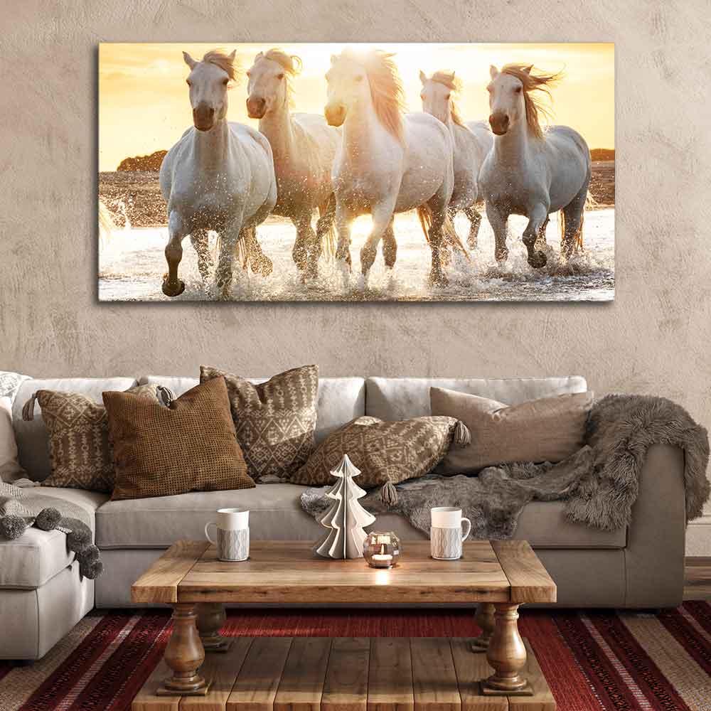 Camargue White Horses Running in Seaside Premium Wall Painting