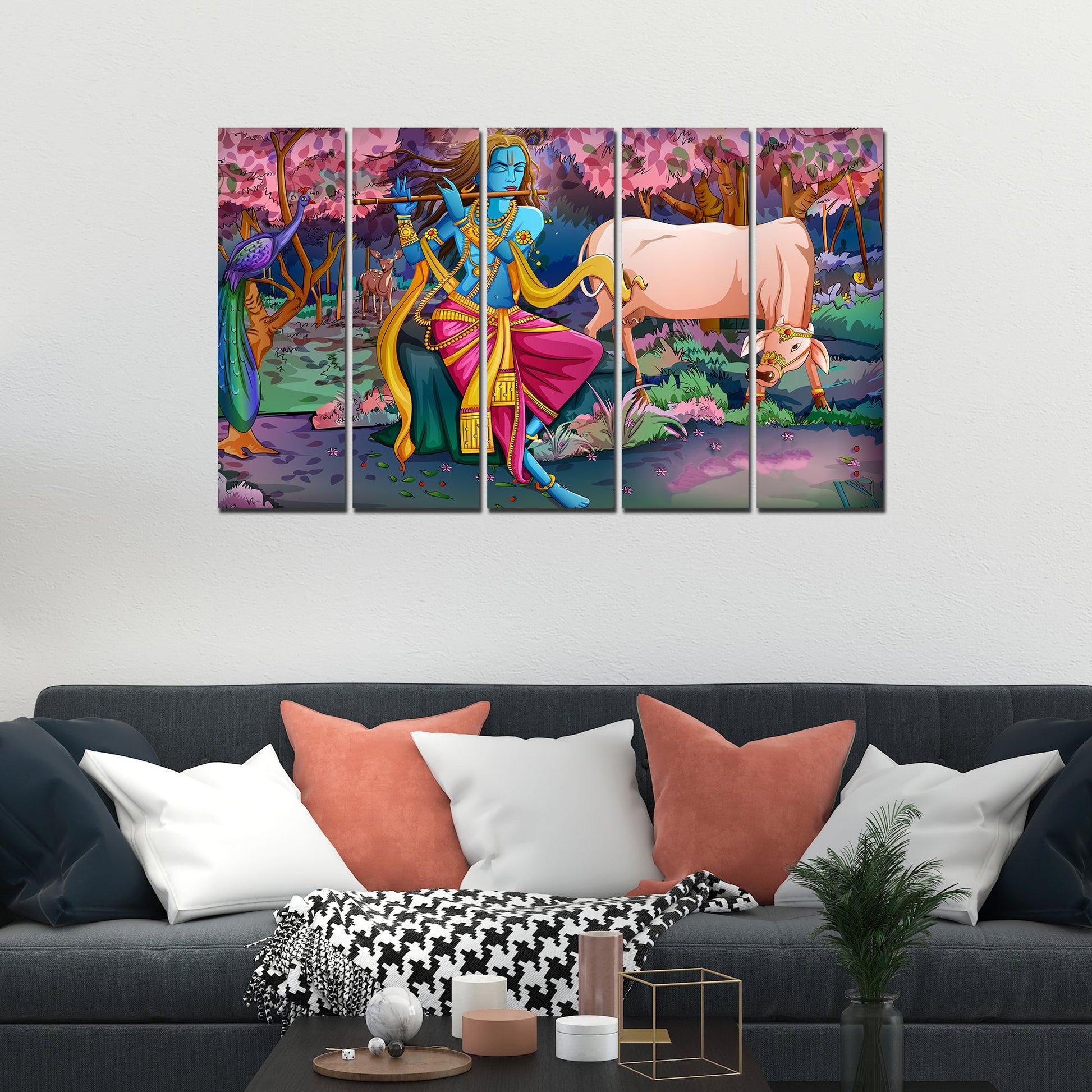 Canvas Wall Painting of Krishna Playing Flute Set of 5 Pieces