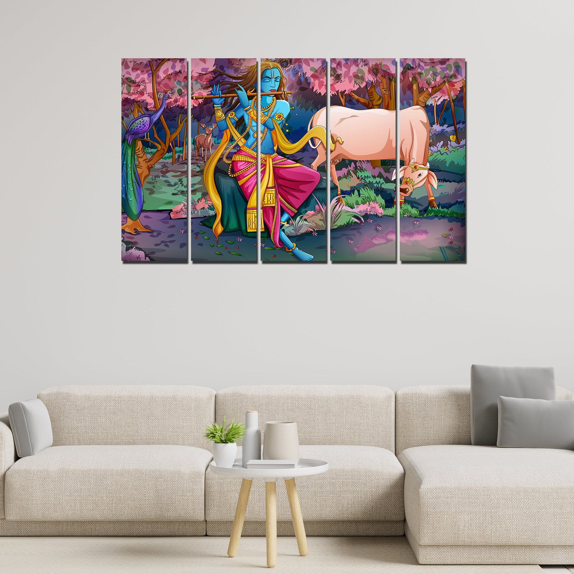 Canvas Wall Painting of Krishna Playing Flute Set of 5 Pieces