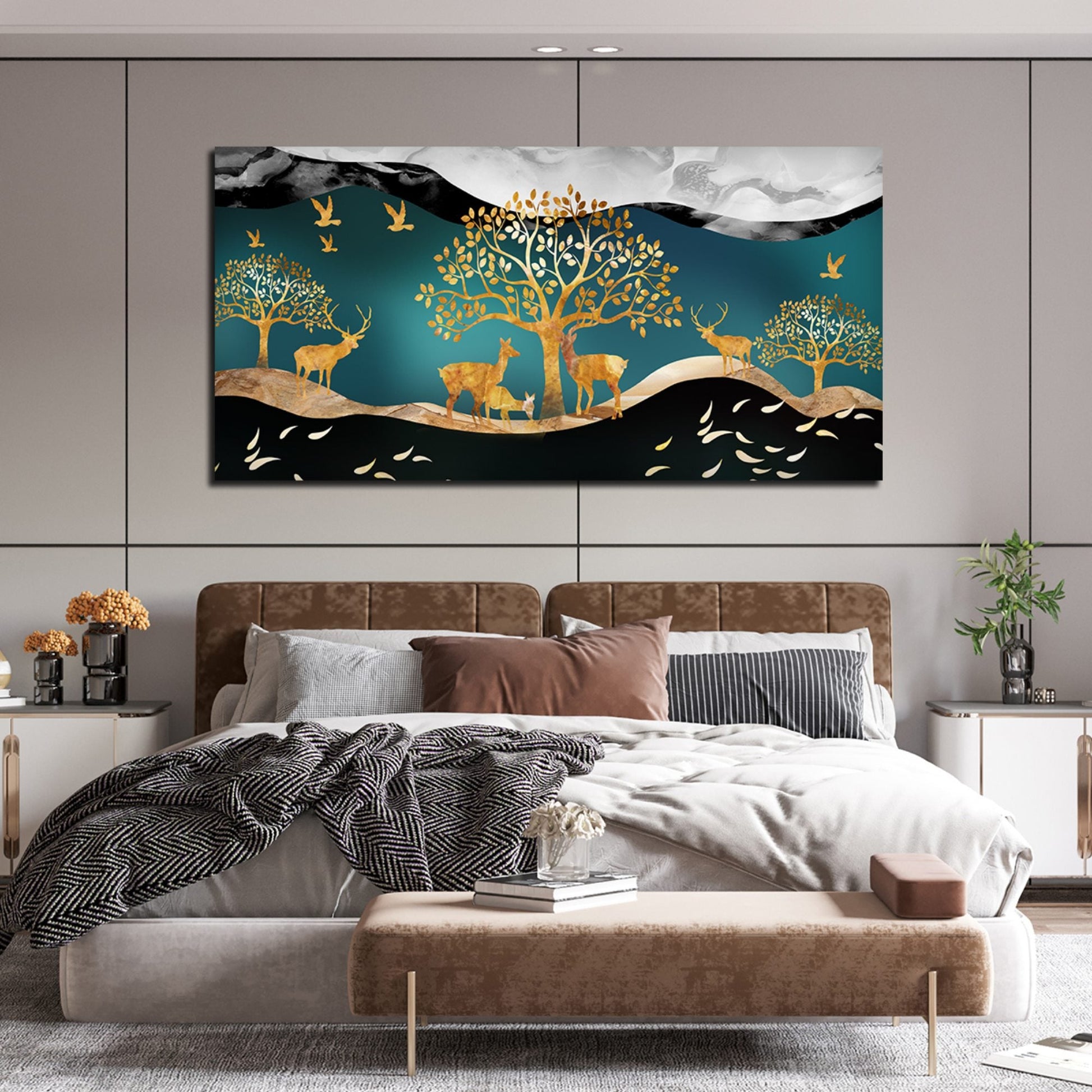 Canvas Wall Painting of Golden Trees With Birds And Deer