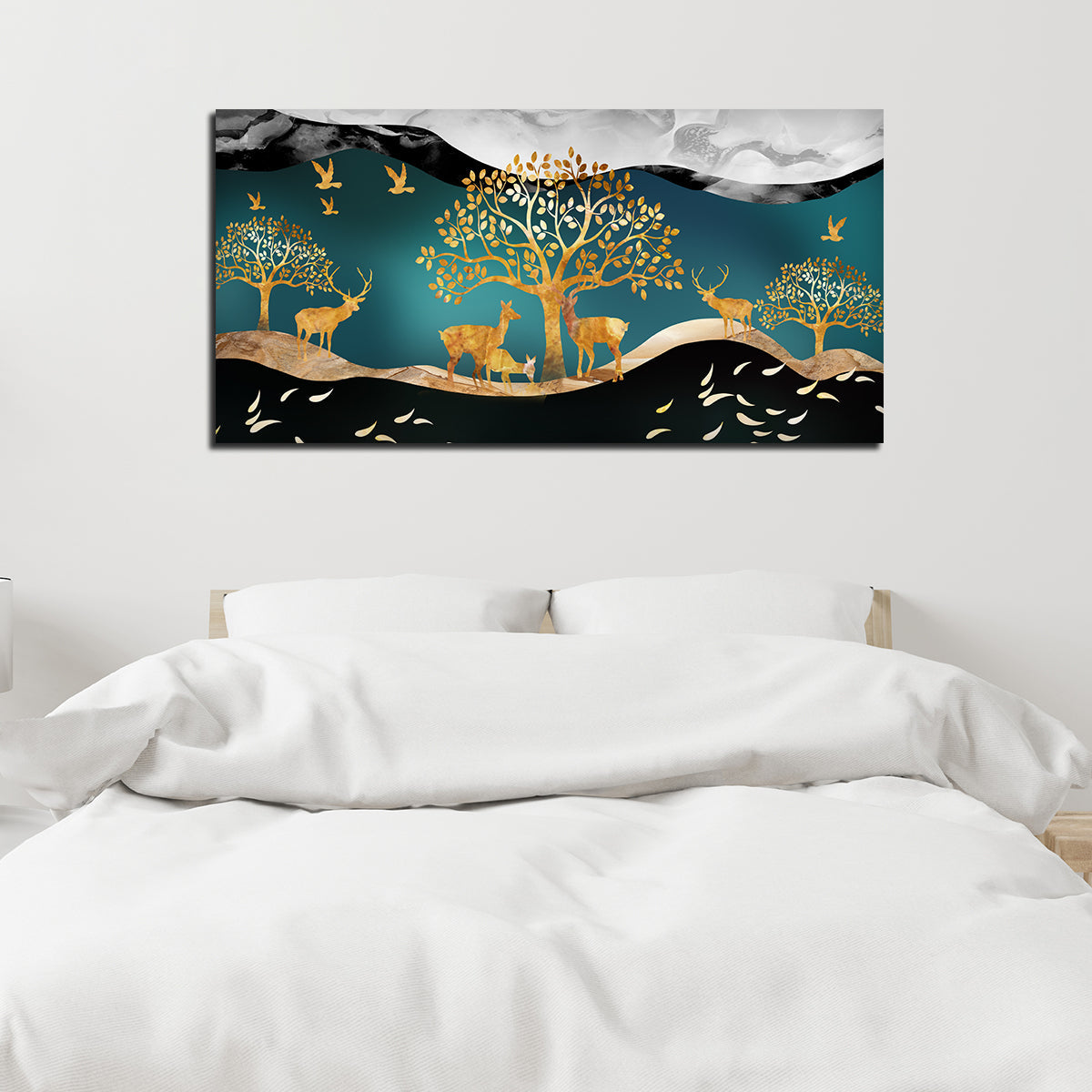 Canvas Wall Painting of Golden Trees With Birds And Deer