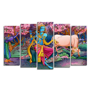 Canvas Wall Painting of Krishna Playing Flute Set of Five