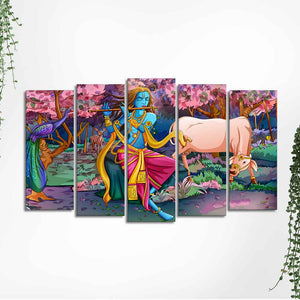 Canvas Wall Painting of Krishna Playing Flute Set of Five