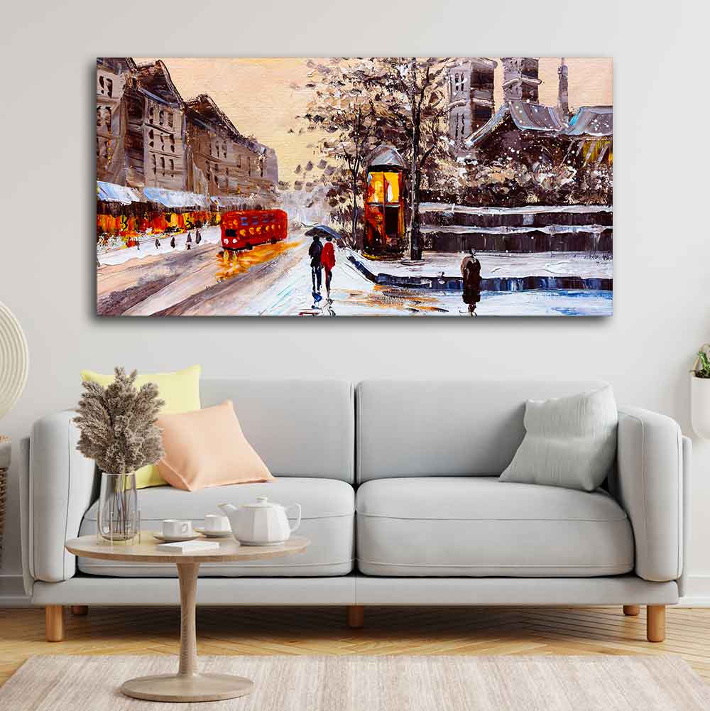 Canvas Wall Painting of Street view of London with Snowfall Background