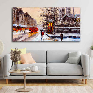 Canvas Wall Painting of Street view of London with Snowfall Background