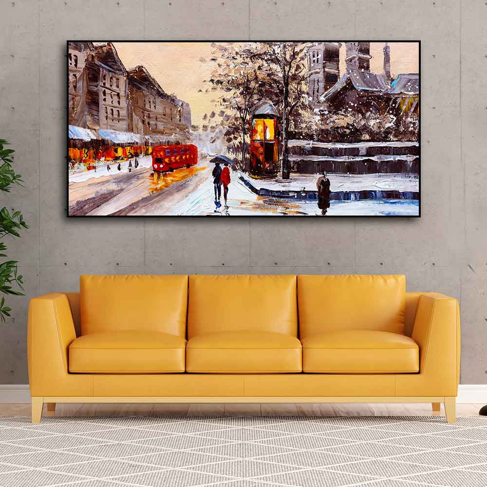 Canvas Wall Painting of Street view of London with Snowfall Background