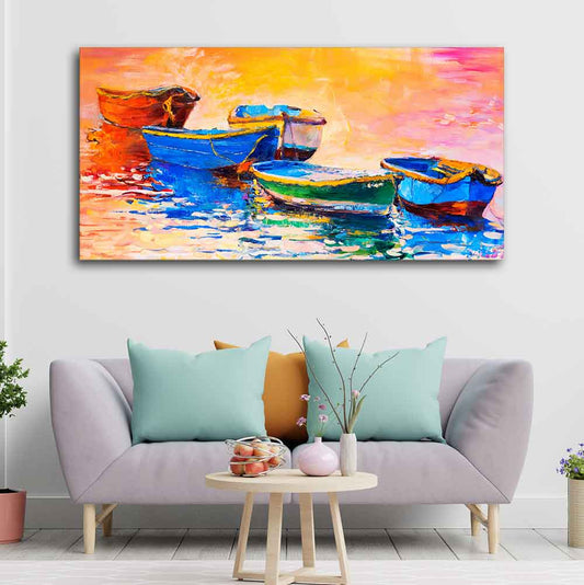 Canvas Wall Painting of The Colorful Boats in Shades of Sunset