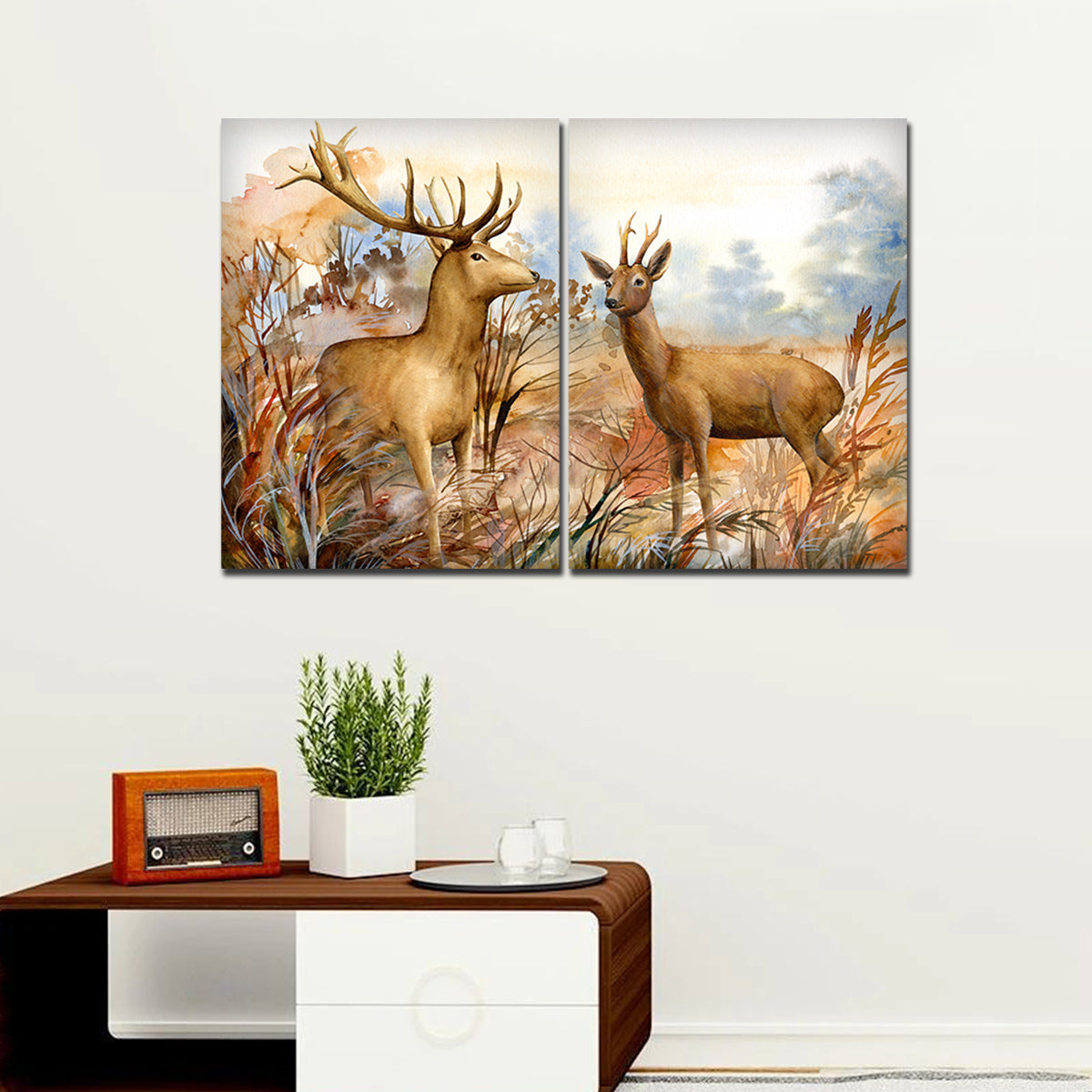 Canvas Wall Painting Pair of Deer in the Forest Set of 2