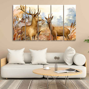 Canvas Wall Painting Pair of Deer in the Forest Set of Five