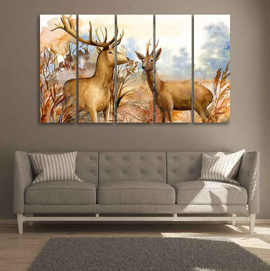 Canvas Wall Painting Pair of Deer in the Forest Set of Five