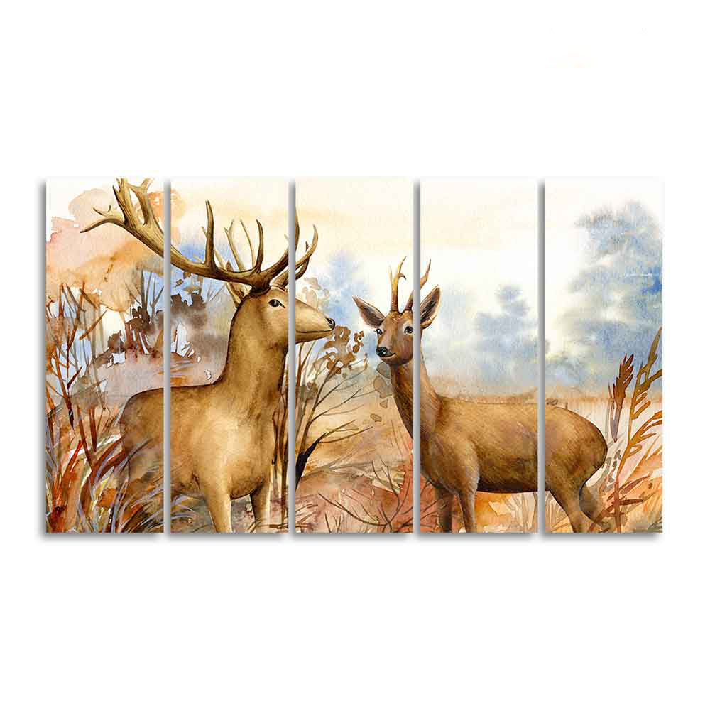 Canvas Wall Painting Pair of Deer in the Forest Set of Five